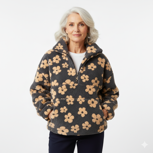 Pull Teddy Fleuri à Col Zippé