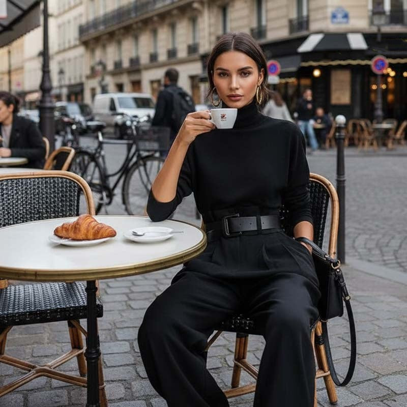 Ensemble Femme Élégant Deux Pièces à Taille Haute avec Ceinture Assortie