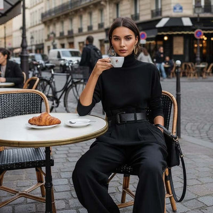 Ensemble Femme Élégant Deux Pièces à Taille Haute avec Ceinture Assortie